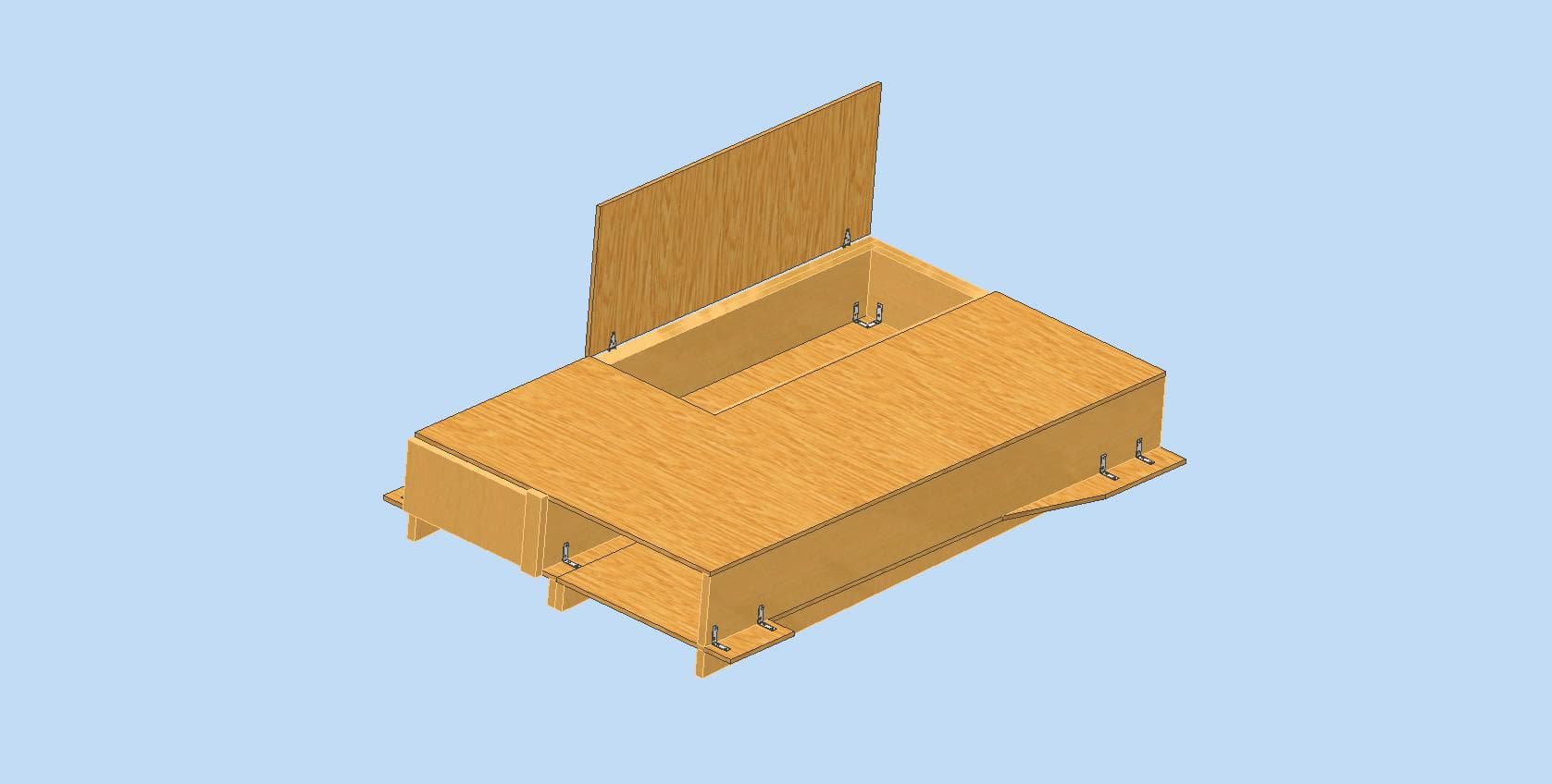 CAD view of storage compartments under the platform